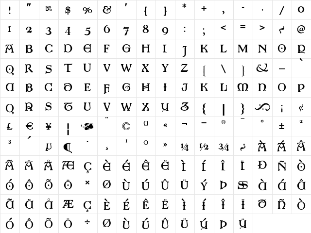 Franciscan Caps NF Regular  glyph index