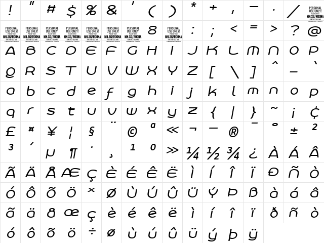 Roona Sans Medium PERSONAL Italic  glyph index