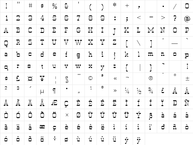 WyomingPastad Regular  glyph index