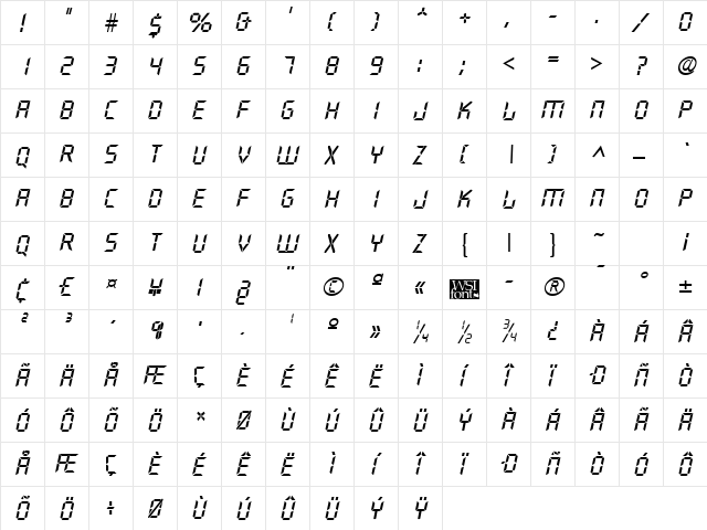 Digiface Italic  glyph index