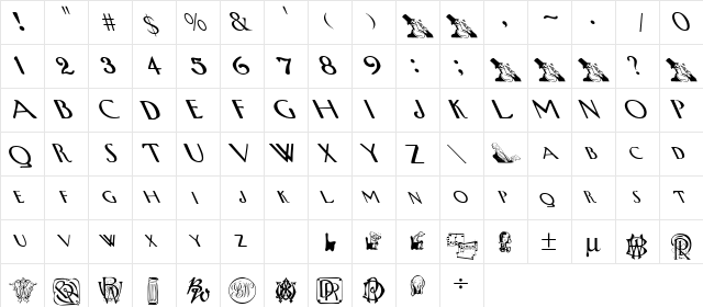 Upp West Extreme Leftis Regular  glyph index