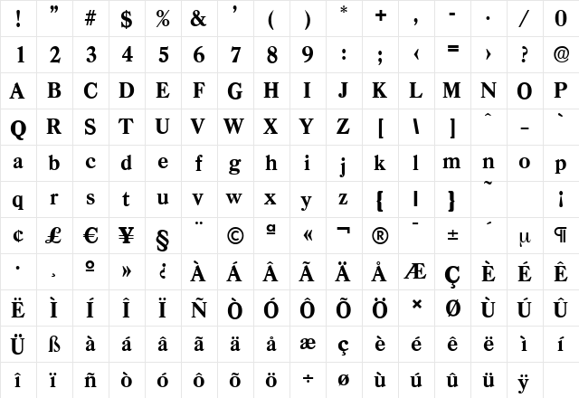 CasadSerial-Xbold Regular  glyph index