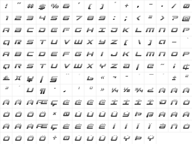 Gunship Gradient Italic Italic  glyph index