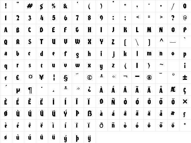 Valiant Regular  glyph index