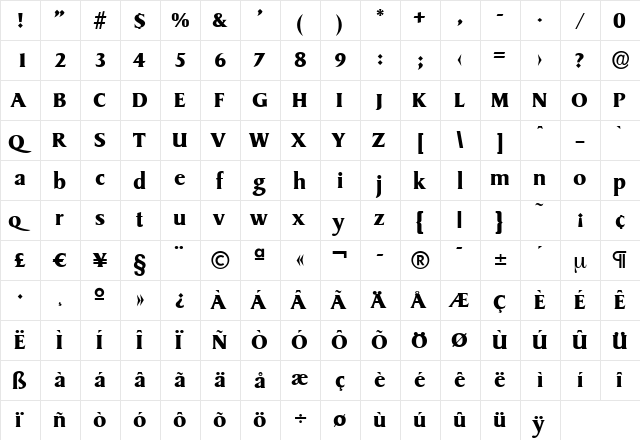 RudyBecker Bold  glyph index