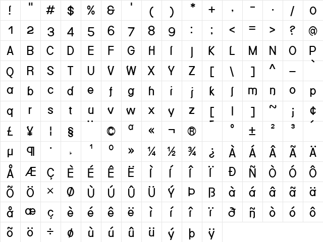 Bedizen Regular  glyph index
