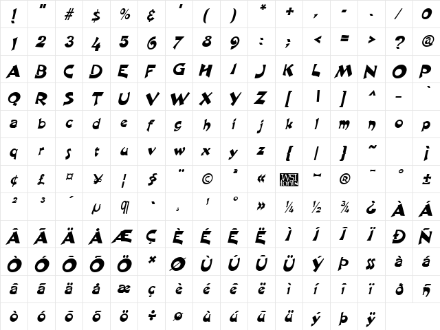 Harquil Italic  glyph index