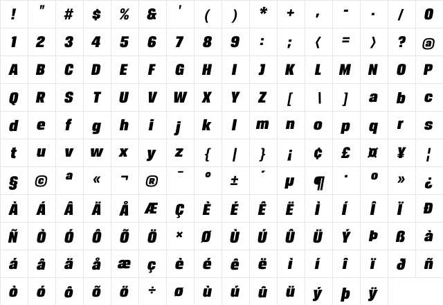 BreuerHeadline Oblique  glyph index