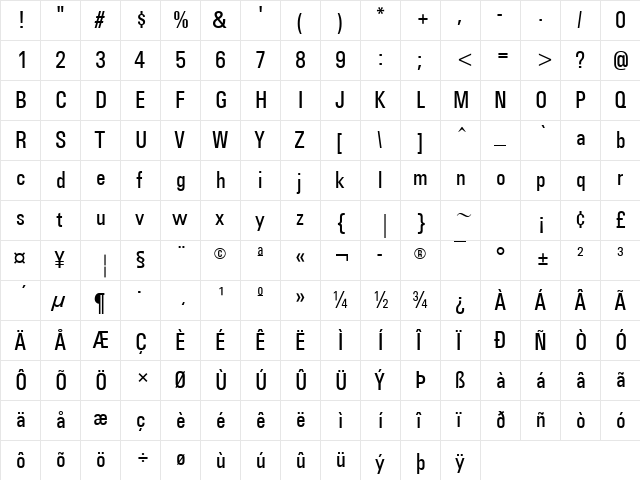 Utah Condensed Regular  glyph index