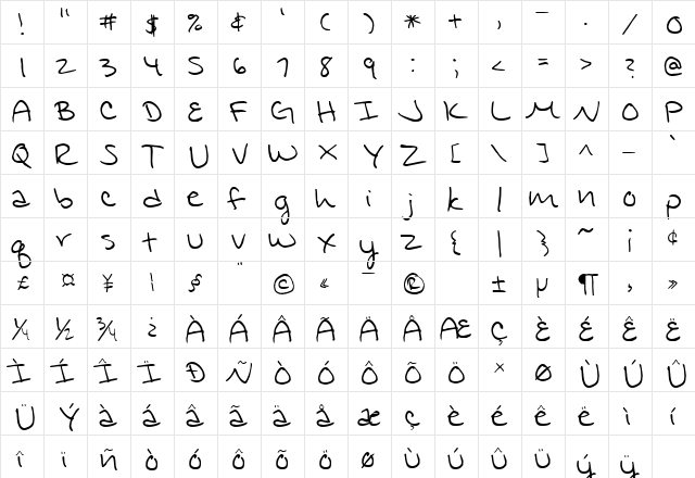 Jennifer's Hand Writing Regular  glyph index
