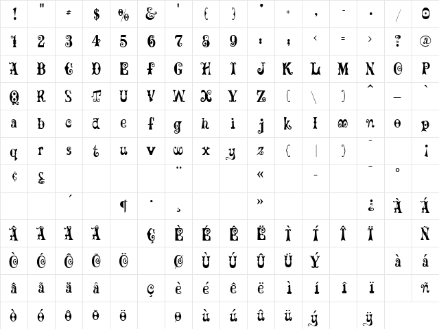 GE Frills Regular  glyph index