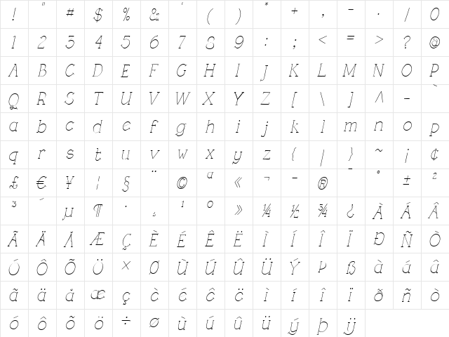 Rough LT Light Italic  glyph index