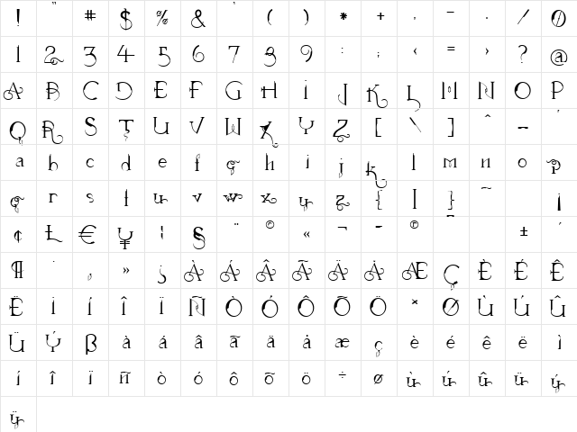 RaptureHeavenly Regular  glyph index