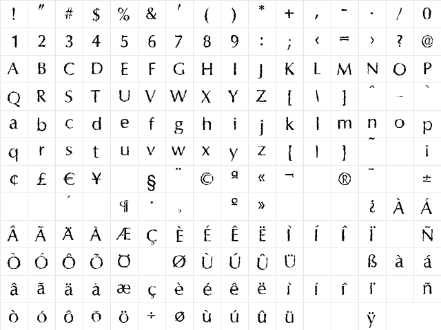 ColumbiaRandom Regular  glyph index