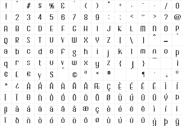 WesleyPosterJF Regular  glyph index