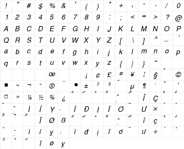 VNI Helve Italic  glyph index