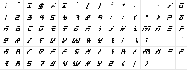 Beam Rider Bold Italic Laser Bold Italic Laser  glyph index