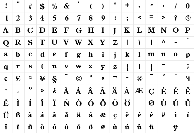 Granada Bold  glyph index