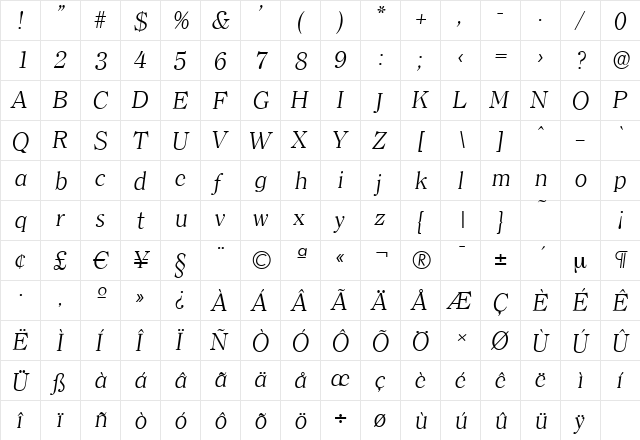 ClearfaceSerial-Light Italic  glyph index
