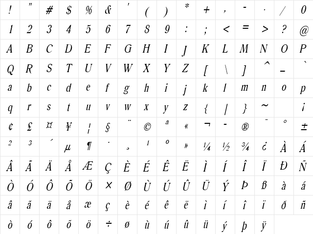 Roomy-Condensed Italic  glyph index