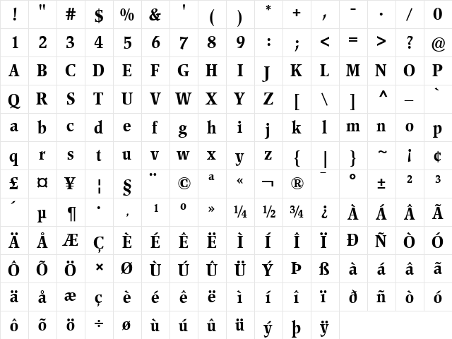 Poppl-Pontifex BE Regular  glyph index