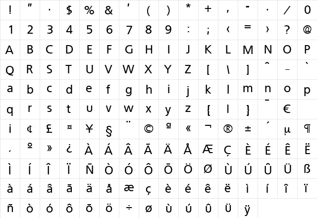 Quebec-Medium Regular  glyph index