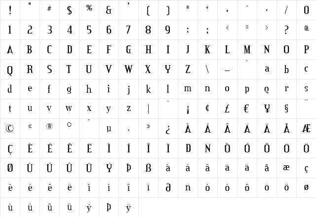 Credit Valley Regular  glyph index