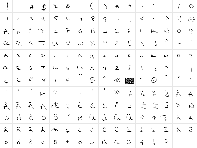 FranksHand Regular  glyph index