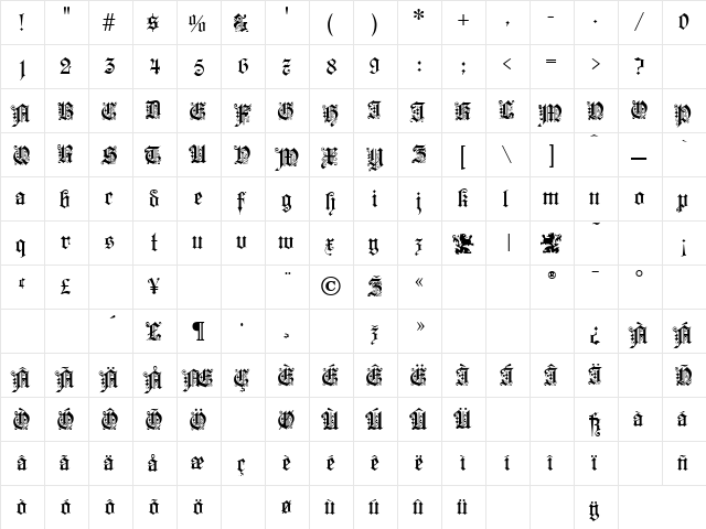 Kaiser Gothic Regular  glyph index
