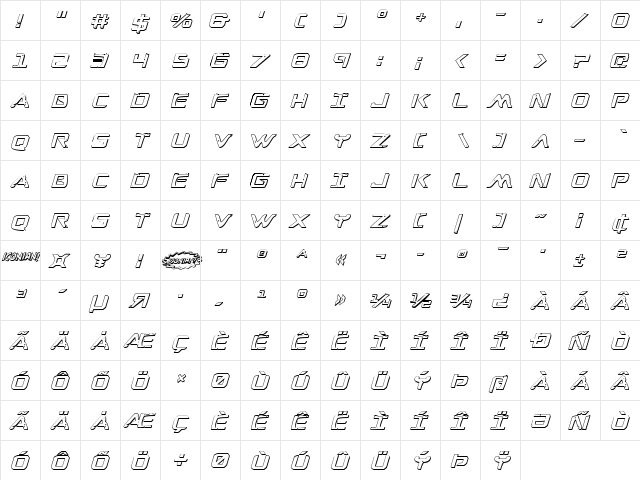 War Eagle 3D Italic Italic  glyph index