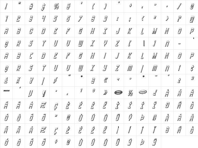 Blizzard Shaft 3D Italic Regular  glyph index