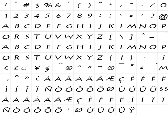 Liste Extended Italic  glyph index