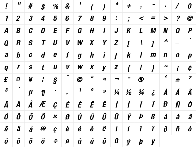 Helvetica Neue 77 Bold Condensed Oblique  glyph index