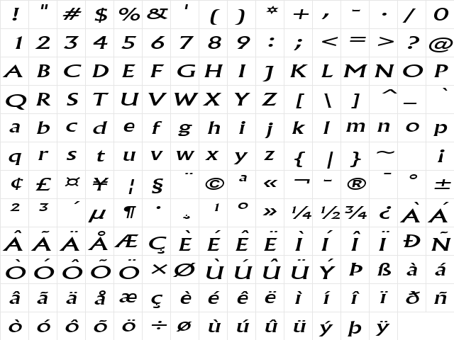 Flair Extended Italic  glyph index