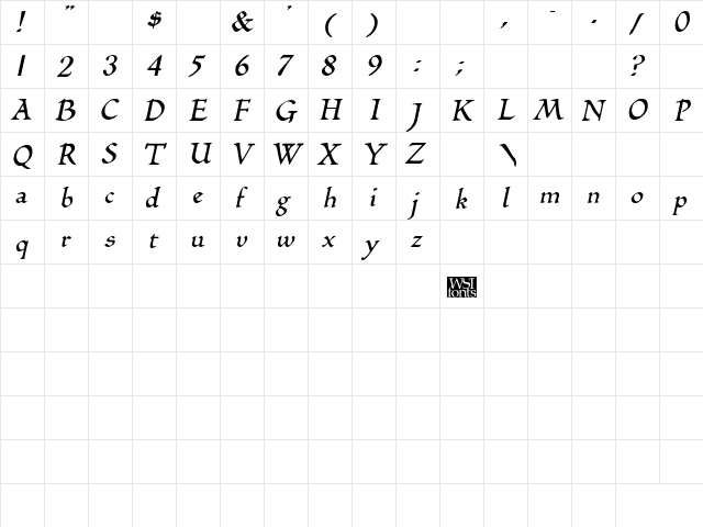 BilboDisplay Bold Italic  glyph index
