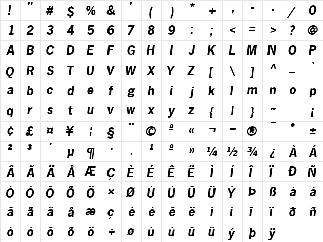 MacroSSK Bold Italic  glyph index