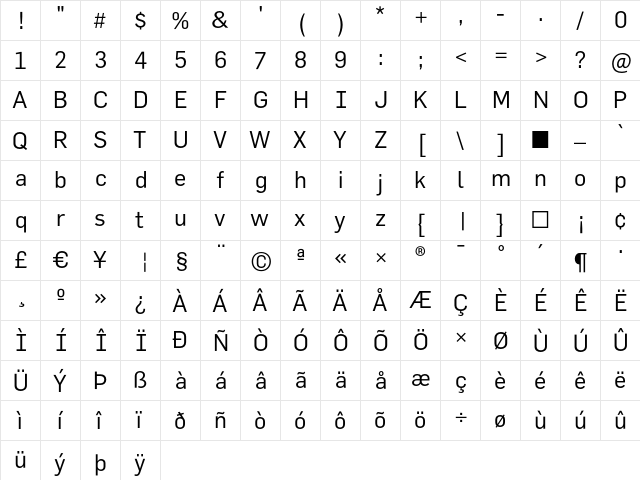 FlamaBook Regular  glyph index
