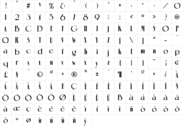 Romantique Regular  glyph index