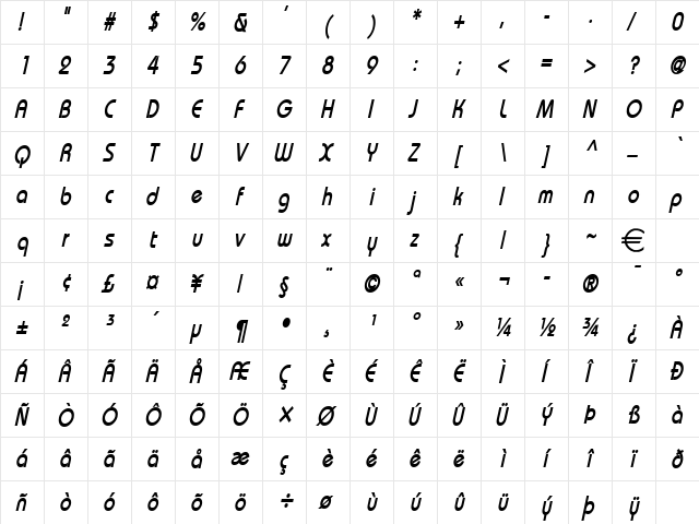 BiminiCondensed BoldItalic  glyph index