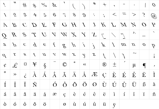MBell Leftie Regular  glyph index