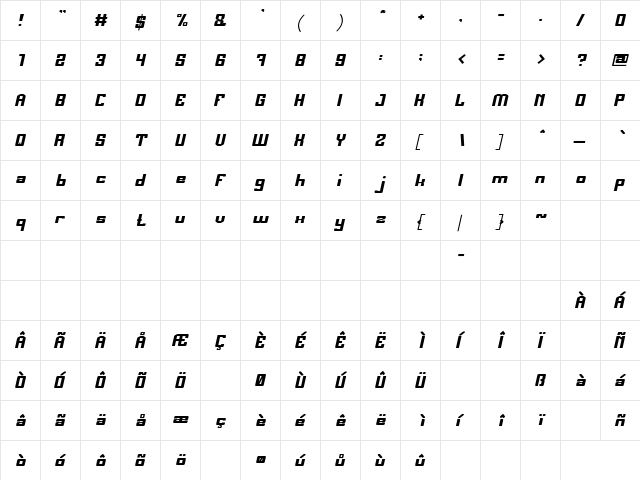 MY GOLDEN STAR Cursiva  glyph index