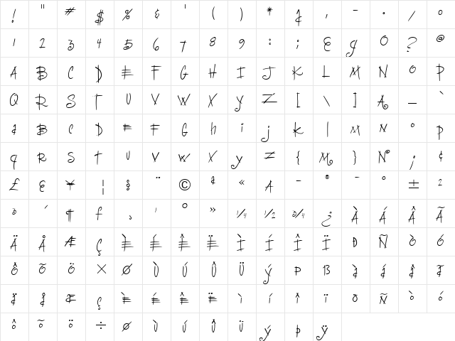 Deelirious ITC Light  glyph index