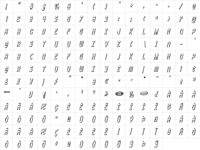 Blizzard Shaft 3D Semi-Italic Regular  glyph index