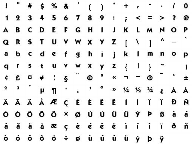 PerformaSSK Bold  glyph index