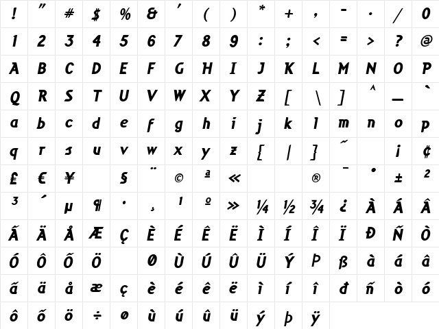 Cuban BoldItalic  glyph index