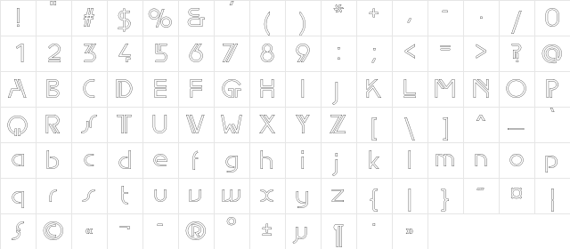 EdgeLineOutline Regular  glyph index