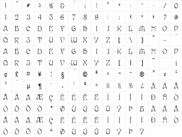 Elves-Condensed Normal  glyph index