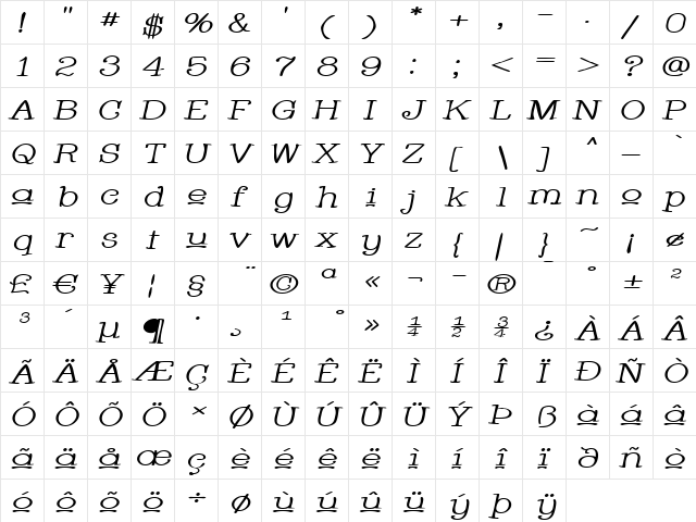 Whackadoo Upper Wide Italic  glyph index