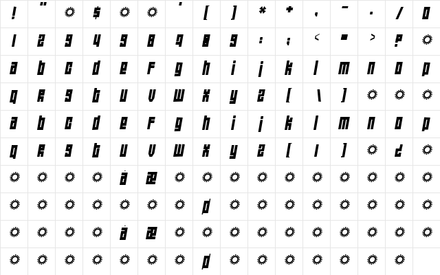 Wide awake Black Regular  glyph index