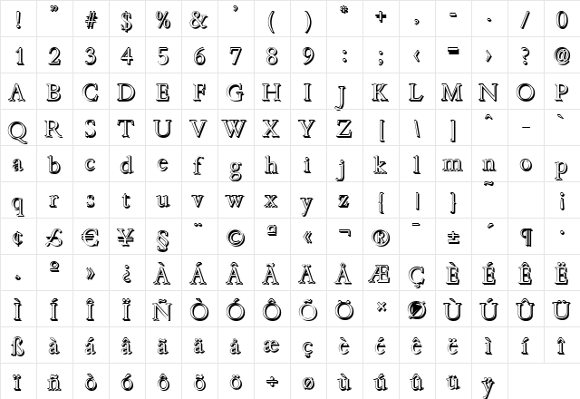 JoshuaBeckerShadow-Light Regular  glyph index